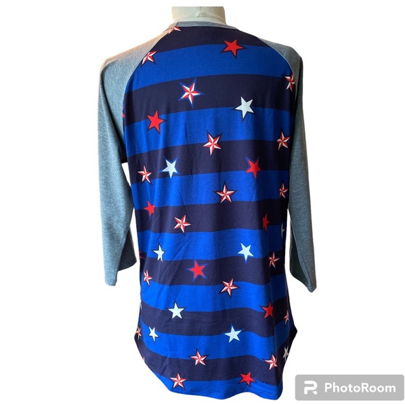 LuLaRoe Randy Raglan T-Shirt July 4th Stars and Stripes Blue/Red/White/Grey - Picture 4 of 7